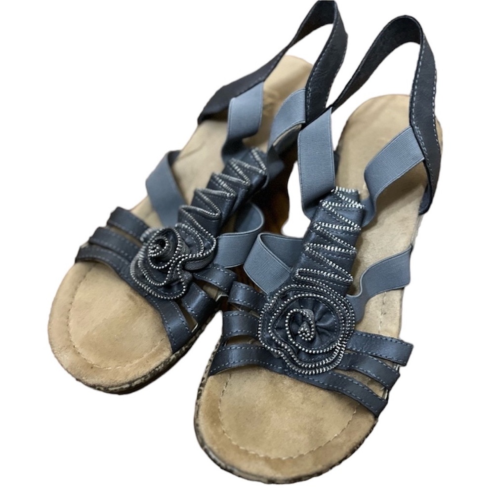 EUC RIEKER grey wedge sandals w/zipper rose detail-Size 41